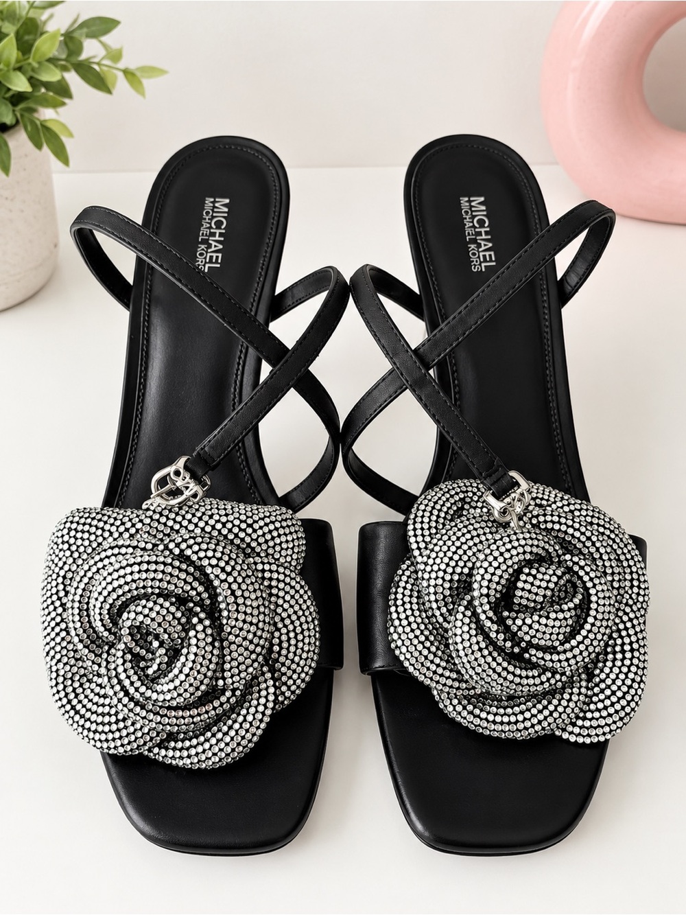 Michael Kors Black Sandals with Silver Crystal Flower Accent
